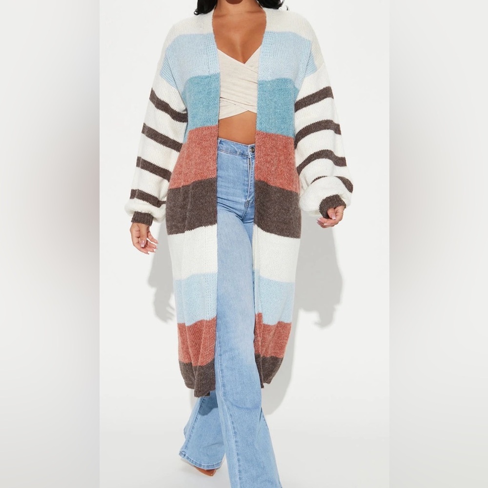Fashion Nova Colorblock Cardigan in Brown, Blue, and White